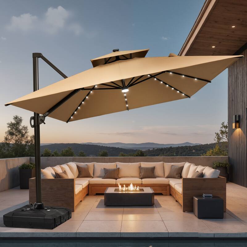 9 X 11 FT Outdoor Patio Cantilever Umbrella with Solar Lights Wheeled Base Double Canopy 360 Rotation Tilt - Tan