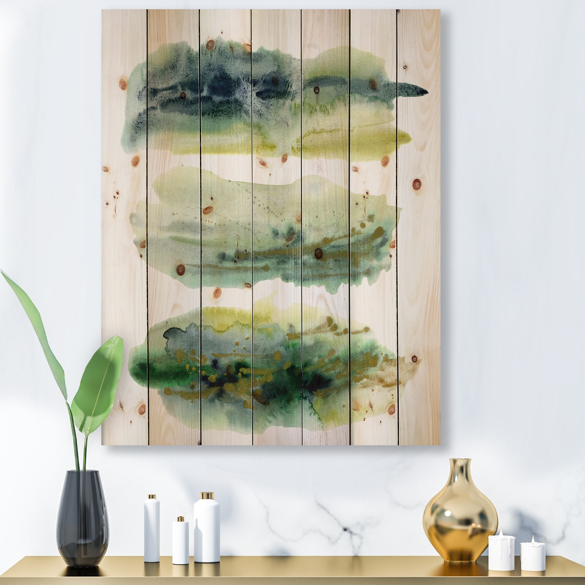 Designart 'Golden Green Abstract Clouds With Blue Points I' Modern Print on Natural Pine Wood