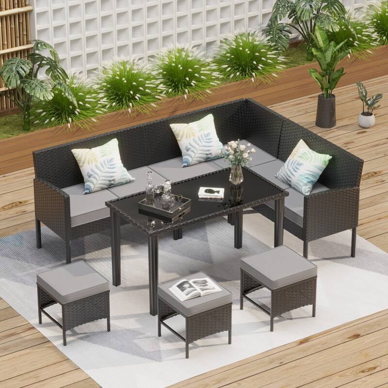 Modern Outdoor 7-piece All-weather Rattan Sofa Set with Waterproof Seat Cushion - Grey