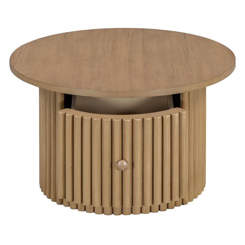 Round Coffee Table for Living Room in Natural, Farmhouse Coffee Table with a Drawer, Center Table with Vertical Slat Ba