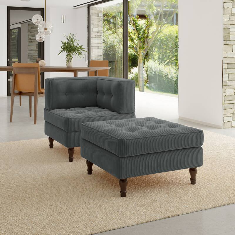 Corduroy Tufted Accent Chair Armchair and Ottoman Set - Grey