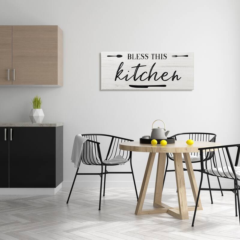 Stupell Bless This Kitchen Phrase Minimal Typography Fork Knife Canvas Wall Art - White