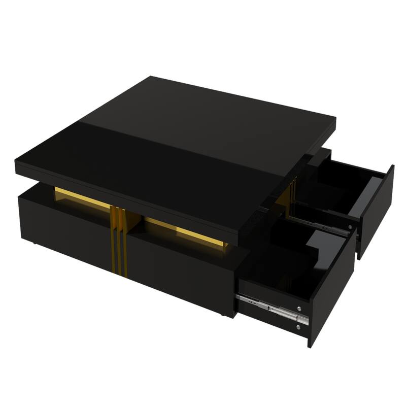 43.3" Modern Square Coffee Table with 4 Hidden Drawers, Glossy Living Room Table with Gold Accents, Space-Saving Storage Table