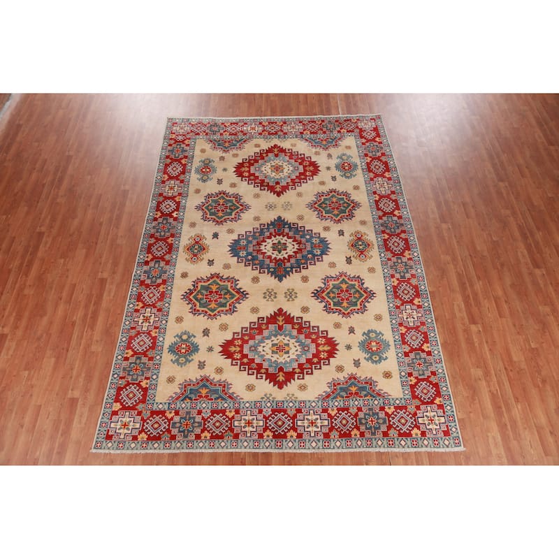 Hand Knotted Oriental 100% Wool Carpet Traditional Geometric Beige & Ivories Kazak Area Rug - 11' 0'' X 7' 9''