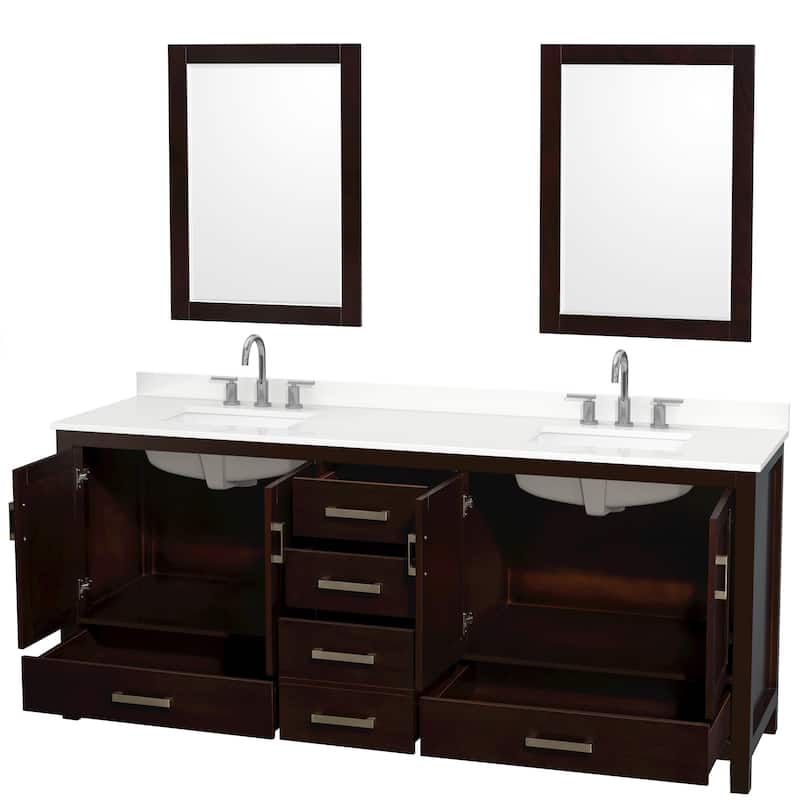 Sheffield 80-inch Double Vanity, 3 Hole Quartz Top, 24-inch Mirrors
