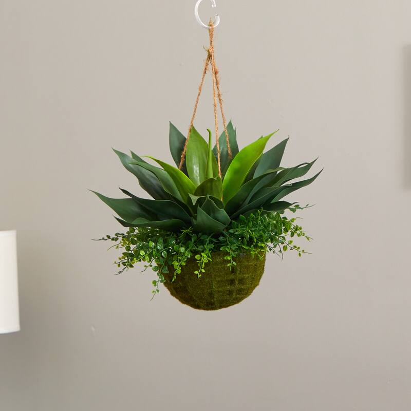 15" Agave and Maiden Hair Artificial Outdoor Plant in Hanging Basket