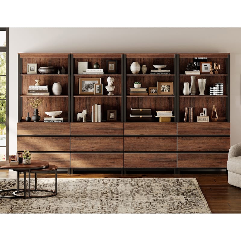 WAMPAT Modern 72" Tall Bookcase with Drawers and Open Book Shelfs, Library Book Shelf for Home Office, Living Room - Brown - 4 Piece