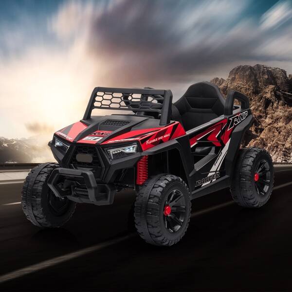 slide 2 of 13, Black Red Versatile kid Ride On UTV, Electric Car wFront LED Lights&Horn, Single Seat, Safety Belt, Forward/ Reverse Function Kids - Black+Red - Assembled