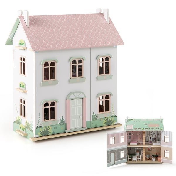 slide 2 of 10, Gymax Kids Wooden Dollhouse w/ Double-Sided Roofs & Openable Doors Pink - Assembly Required - Kids