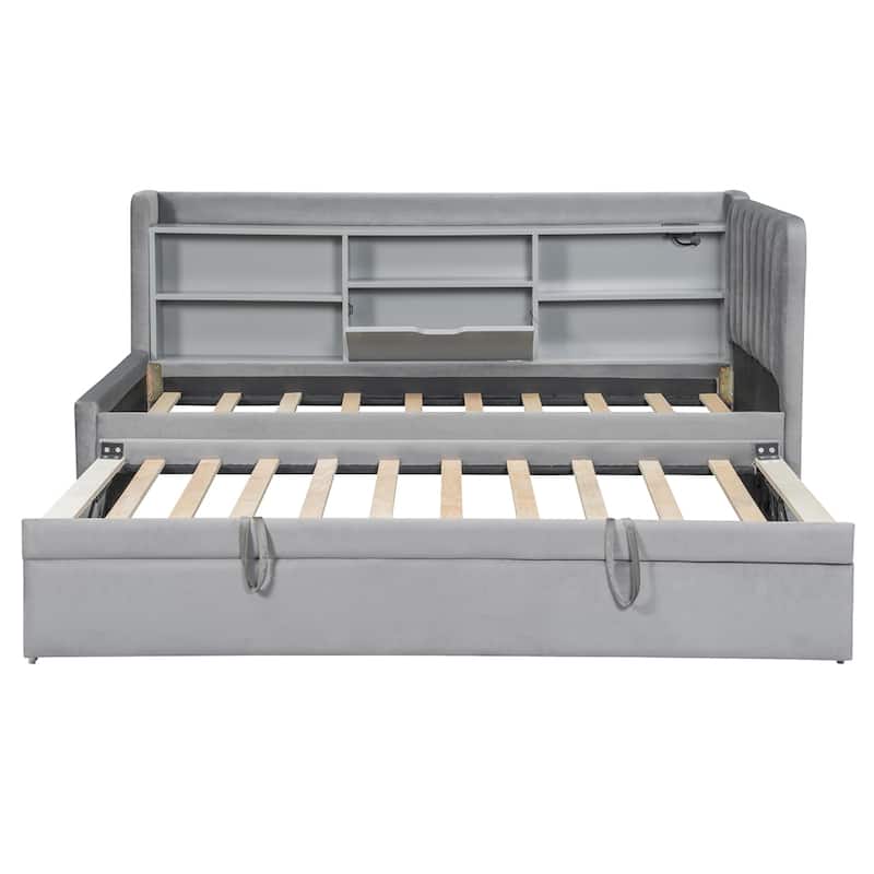 Twin Size Upholstered Daybed with Trundle,Storage Shelves,USB & Outlet