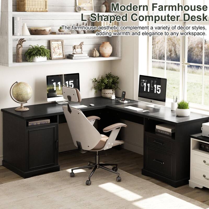 French Country L Shaped Desk with Charging Station, Office Computer Table with File Cabinet