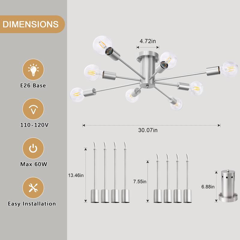 8-Light Modern Semi Flush Mount Sputnik Ceiling Light for Kitchen Bedroom Dining Room