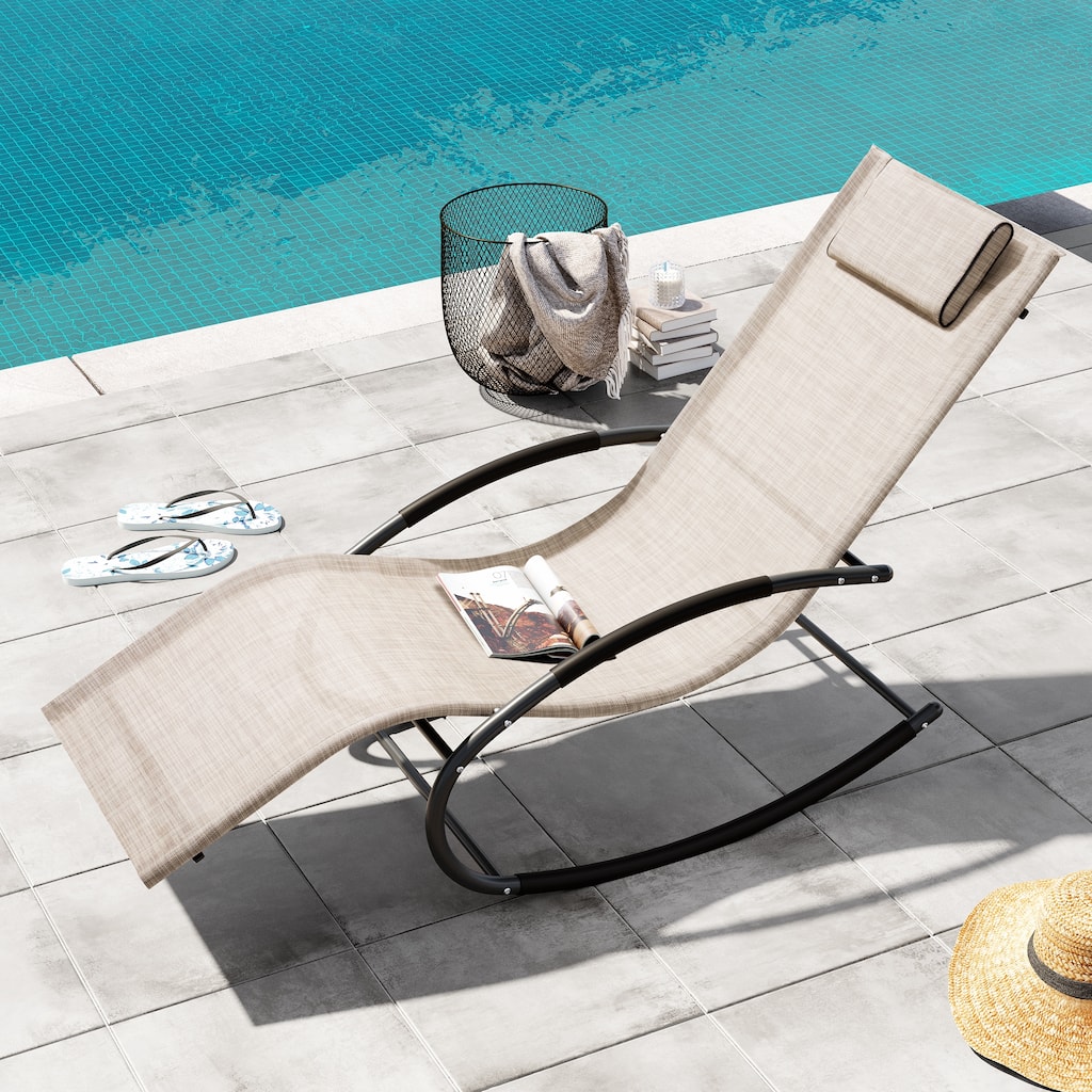 Outdoor Patio Rocking Chair Curved Rocker Chaise Lounge Chair with Pillow