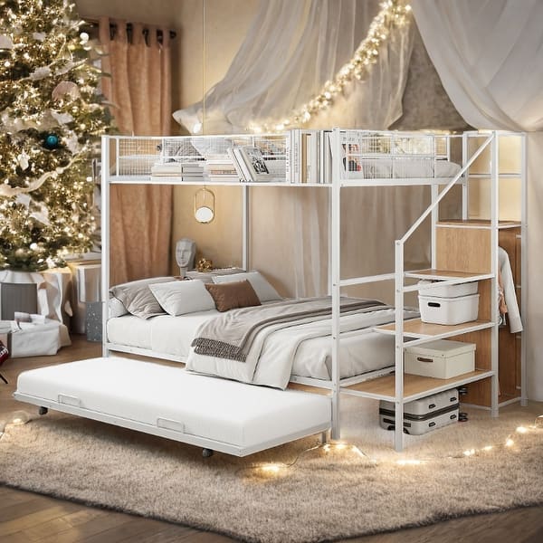 slide 2 of 8, White Metal Bunk Bed Twin Over Full with Trundle and Lateral Ladder