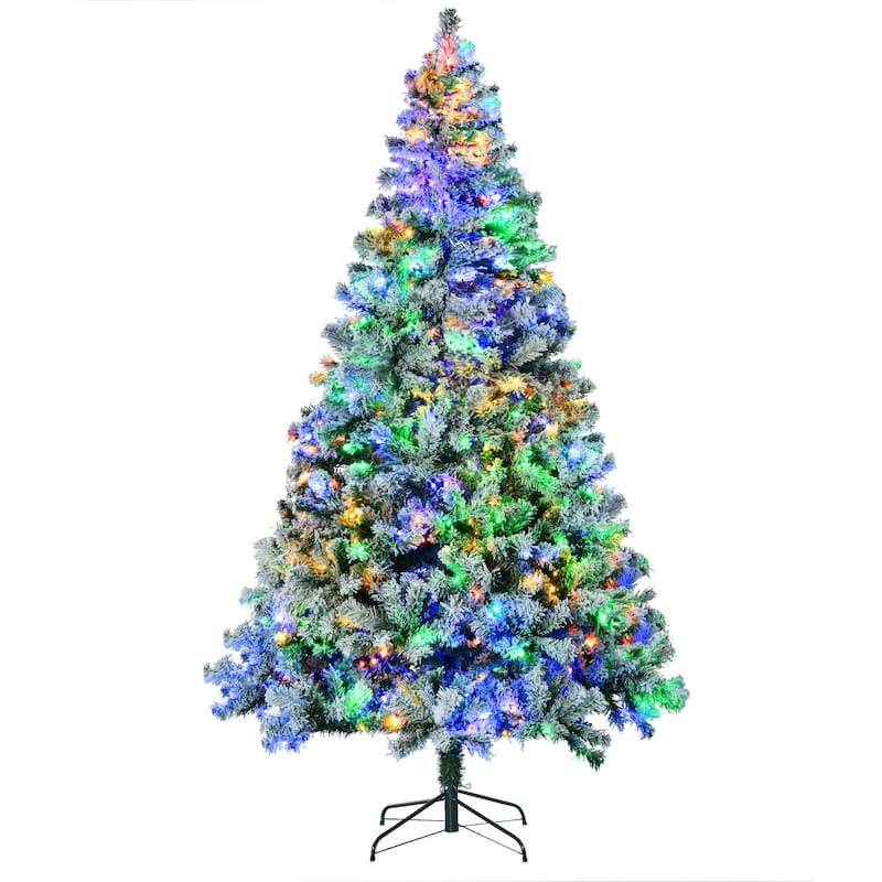 HOMCOM 7.5ft Tall Prelit Artificial Christmas Tree Holiday Décor with 1149 Snow Flocked Branches, Steel Base - 7.37 ft
