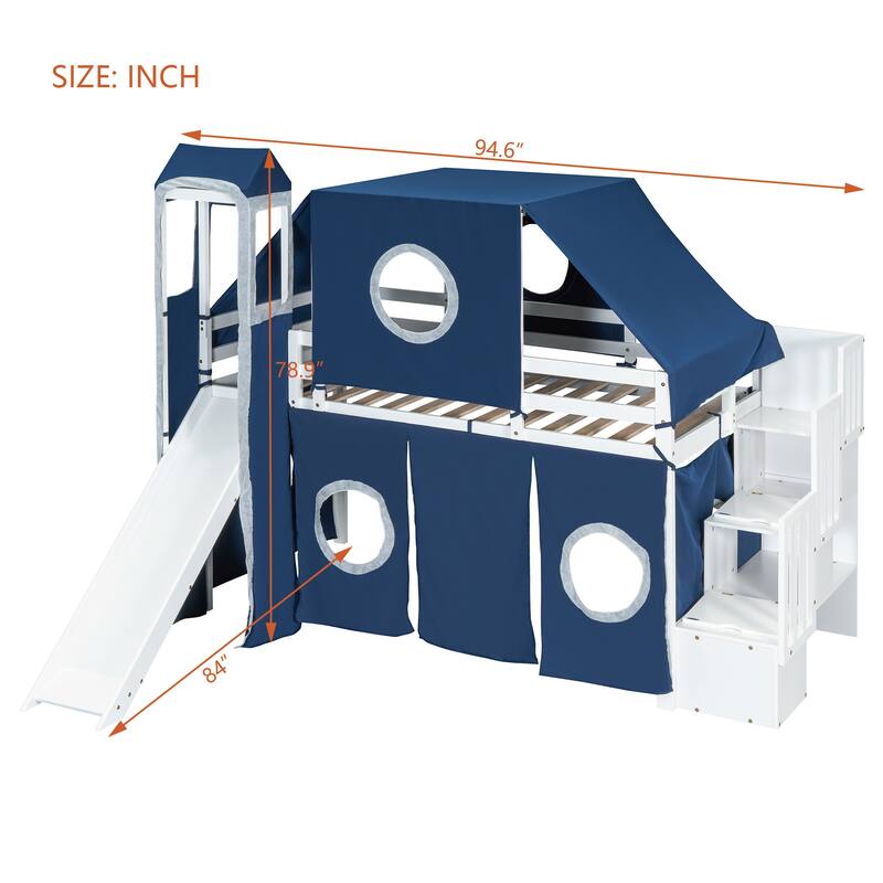 Blue Twin Loft Bed with Tent, Tower, and Playhouse Design for Kids