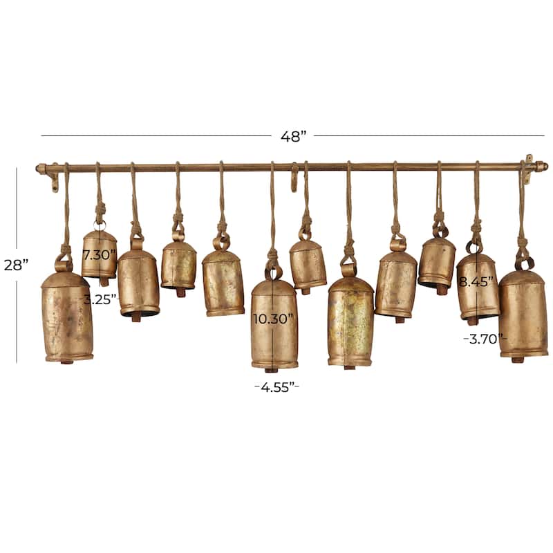 Bronze or Gray Metal Tibetan Inspired Decorative Cow Bell with Jute Hanging Rope and Rod