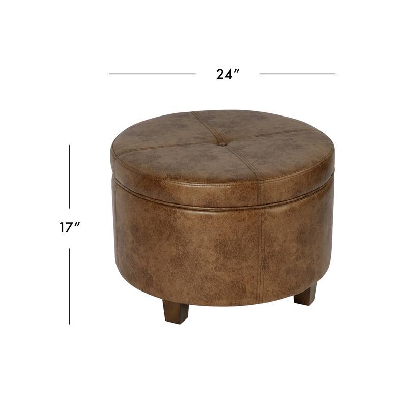 Soni Round Storage Ottoman, 24 Inch Brown Faux Leather, Wood Legs