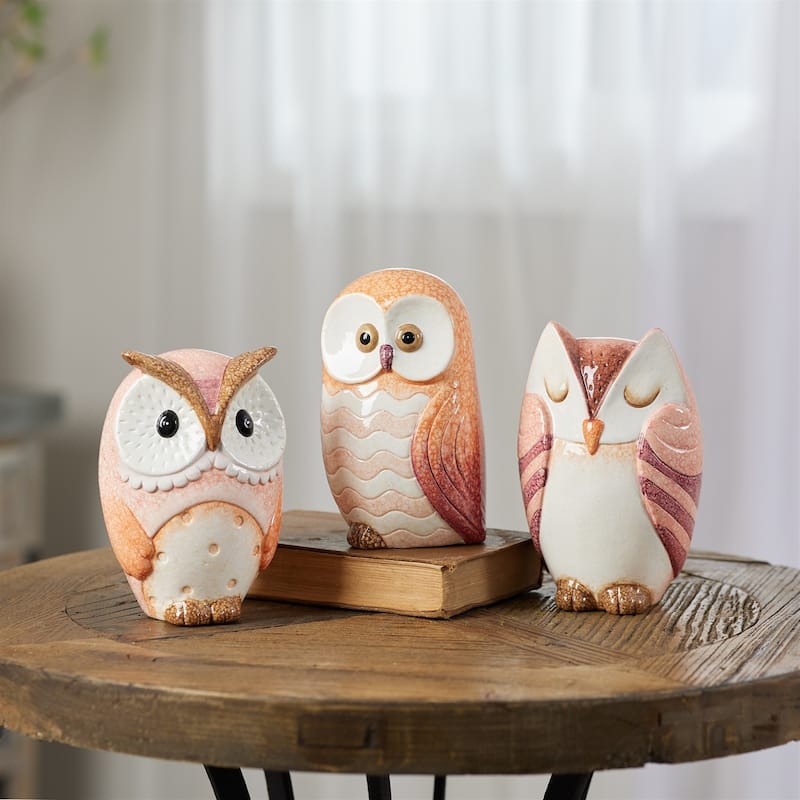 Terracotta Owl Figurines - 7.25" - Pink and Orange - Set of 3