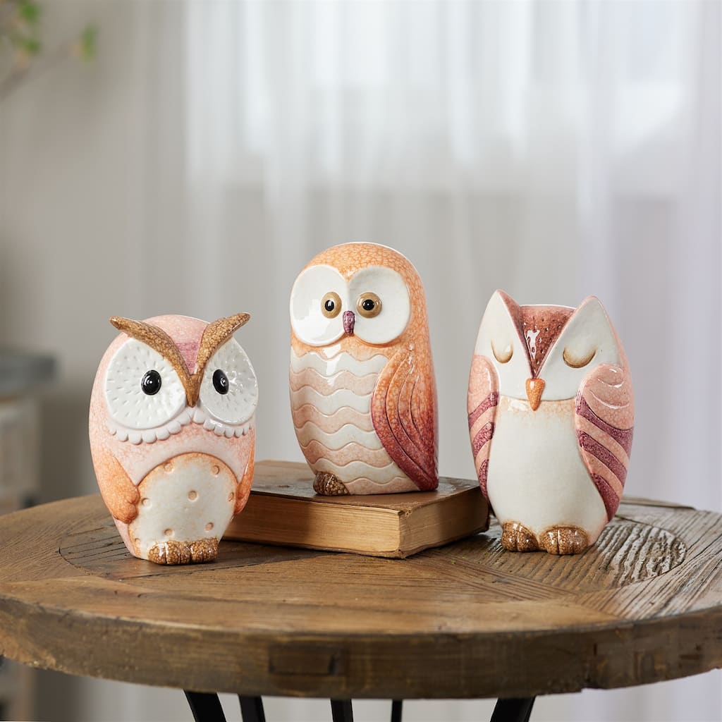 Terracotta Owl Figurines - 7.25" - Pink and Orange - Set of 3