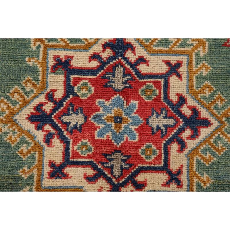 Green Geometric Kazak Accent Rug Handmade Oriental Wool Carpet - 3'4"x 4'10"