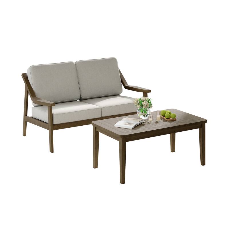 2-piece Brown/ Black Teak Cushioned Patio Loveseat Set with Coffee Table