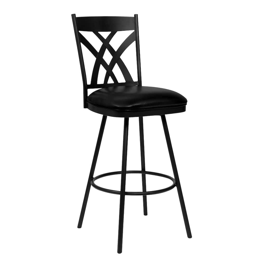 26" Stylish Black Faux Leather Black Metal Lattice Back Swivel Bar Stool - 43" x 18" x 24"