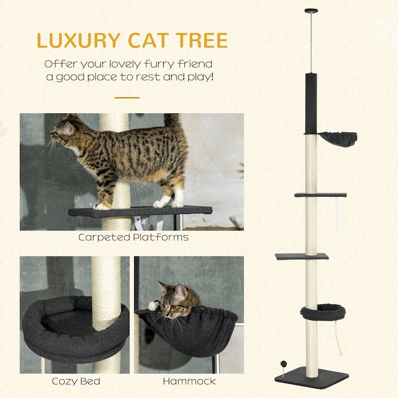94"-106" Adjustable Cat Tree Tower with Hammock, Bed & Sisal Posts - 17.75" L x 17.75" W x 94.5" -106.25" H