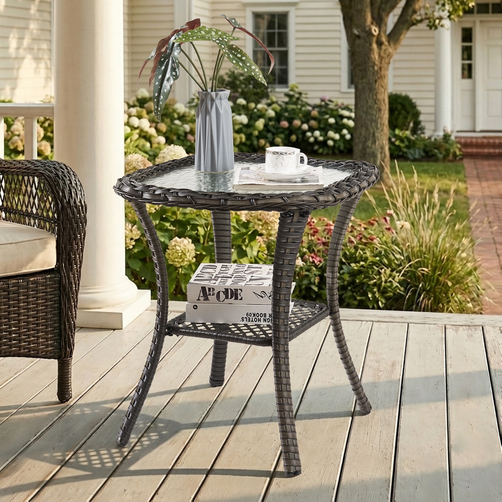 Meyreso 20"L x 20"W x 22"H Outdoor Wicker Side Table with Tempered Glass Top & Storage Shelf.
