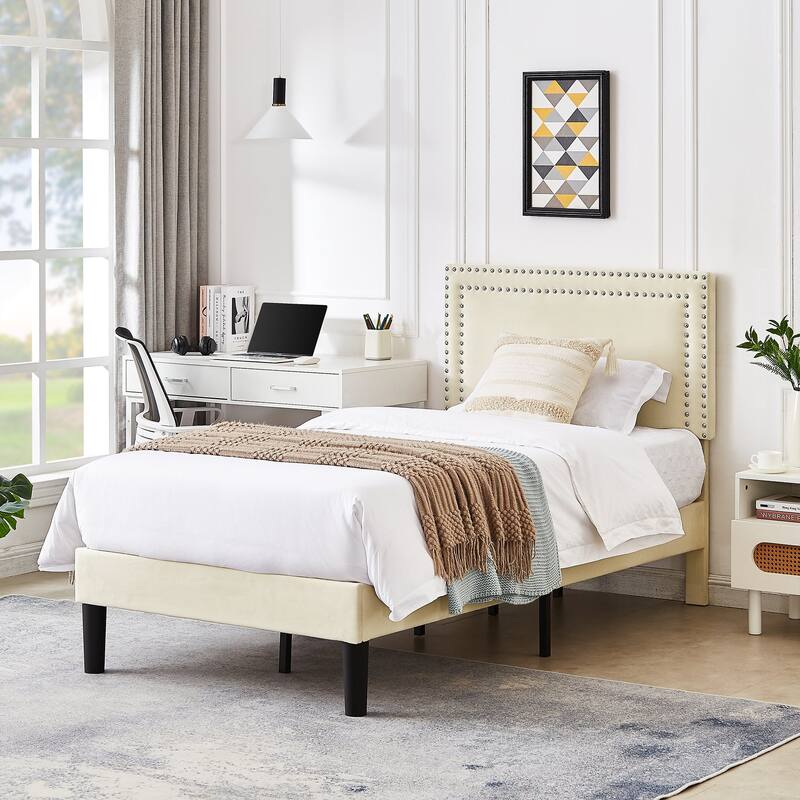 Beige Twin Bed Nailhead Upholstered Platform Bed Frame with Adjustable Headboard - Set of 1