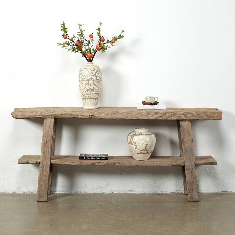 Approx. 76 Inches Wide Vintage Console Table with Shelf Weathered Natural