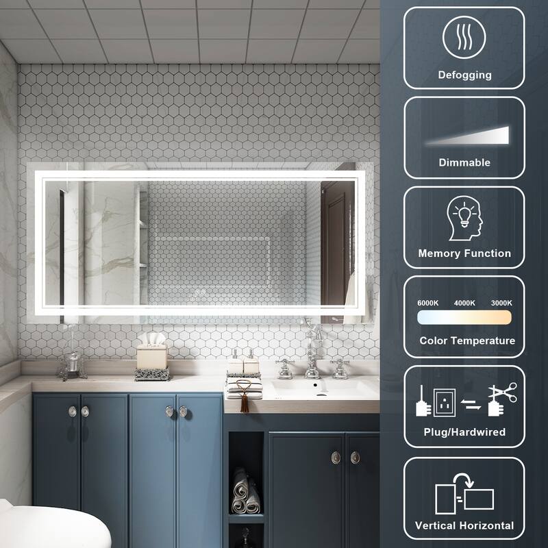 Retangular Wall Mounted LED Bathroom Mirror With Touch Switch Memory Mirror Anti-Fog (Horizontal/Vertical)