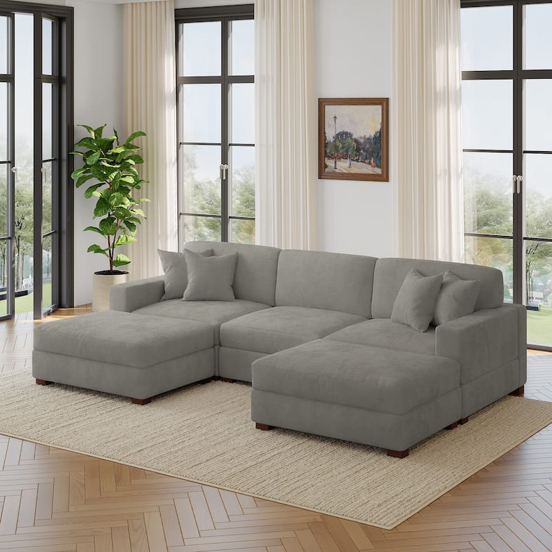 Modern Chenille Oversized Modular Sectional Sofa with 2 Ottoman - Grey-5 Piece