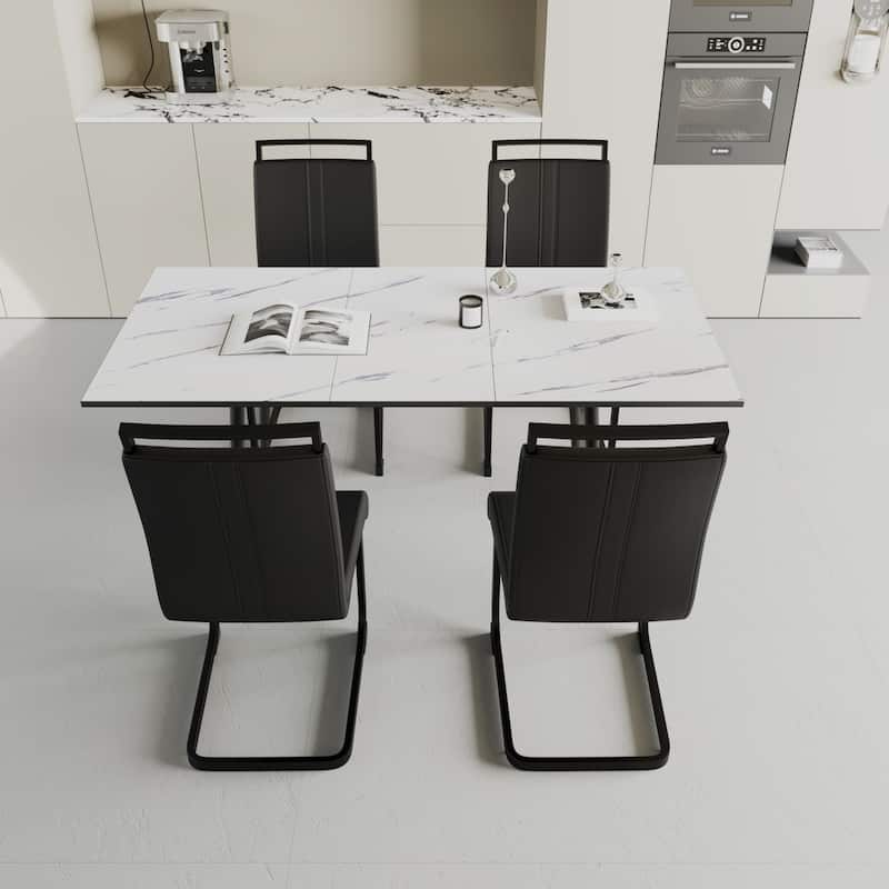 Modern Dining Set with Rectangular Extendable Table & High Back C-shaped Tube Chairs