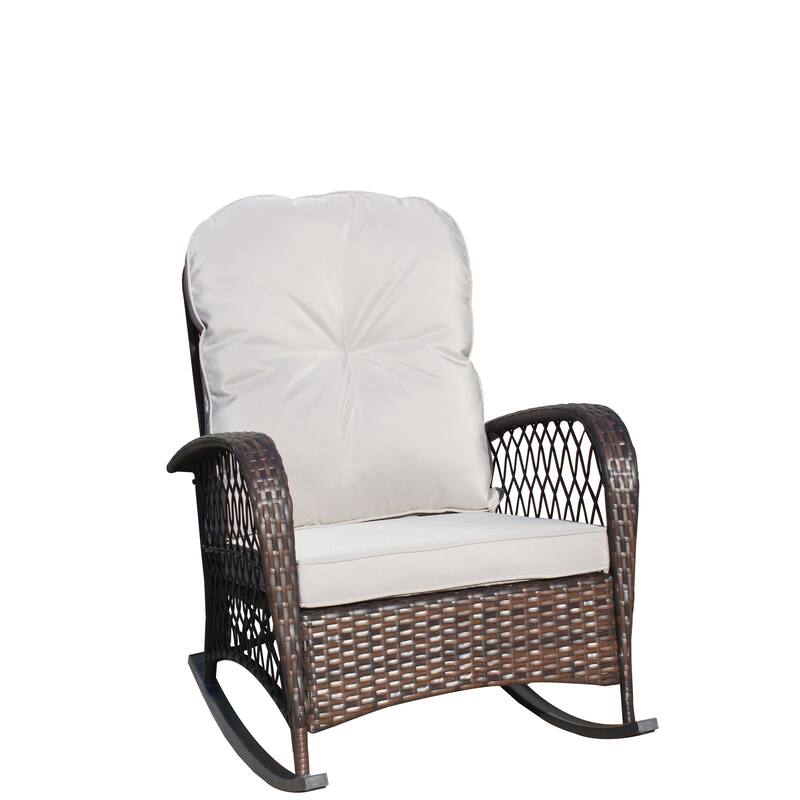 Outdoor Wicker Rocking Chair with Wide Seat, Thick, Soft Cushion, Rattan Rocker w/Steel Frame, High Weight Capacity
