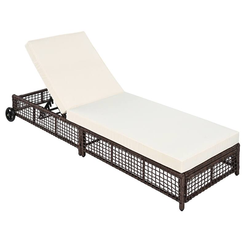 Outdoor PE Rattan Chaise Lounge with 5-Position Backrest & Wheels, Patio Recliner Chair Sun Lounger for Poolside Backyard Garden