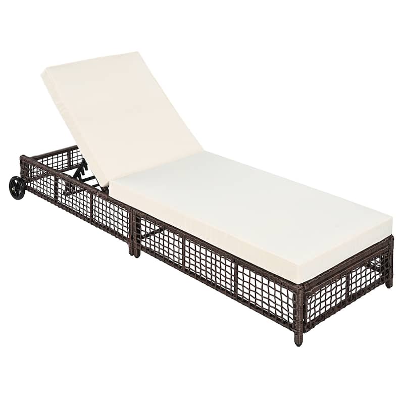 Wicker Outdoor Chaise Lounge Chair with Adjustable Backrest, Cushion and Wheels for Patio or Poolside