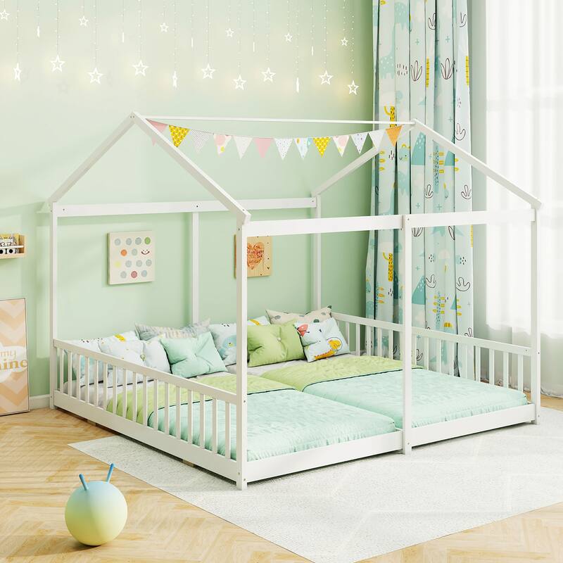 Gymax Double Floor Bed w/ Safety Guardrails No Box Spring Needed for