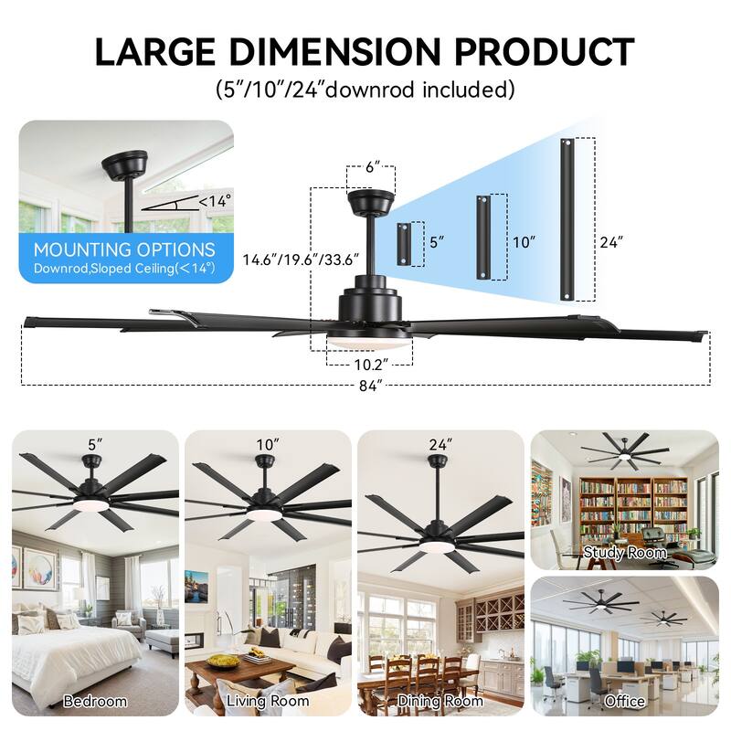 48in/52in/66in/72in/84in Industrial Matte Black Large Windmill Ceiling Fan with Light and Remote