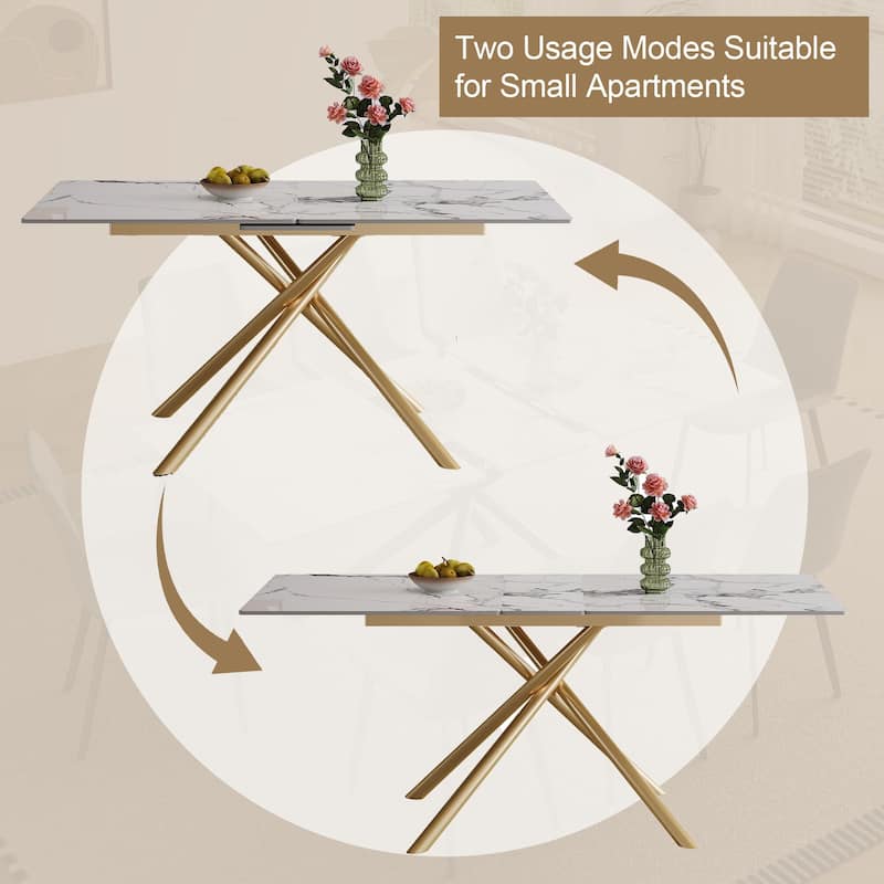 59-inch Modern Round Expandable Dining Table, Burnt Stone Top & Golden Carbon Steel X-Base, Sturdy 4-6 Person Table