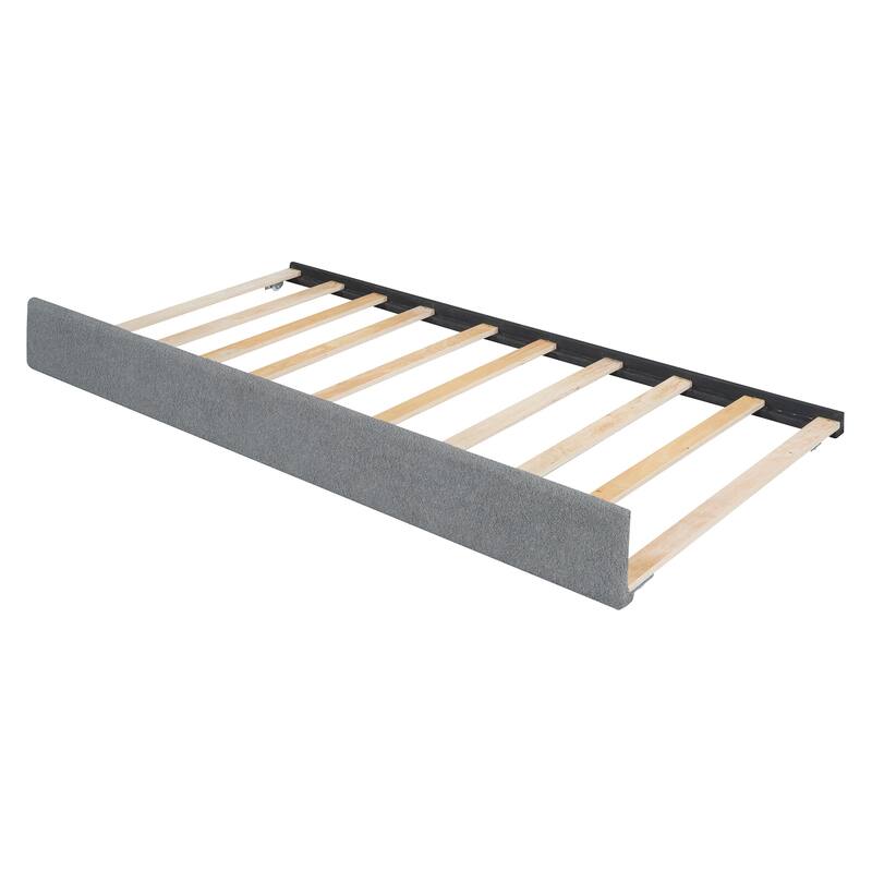 Twin Size Teddy Fleece Upholstered Platform Bed with Trundle and LED Lights, Gray