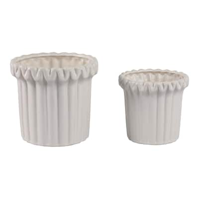 Stoneware Planter Sculpted Rim and Vertical Ridged Texture (Set of 2) - 8.5" x 8.5" x 8.75"