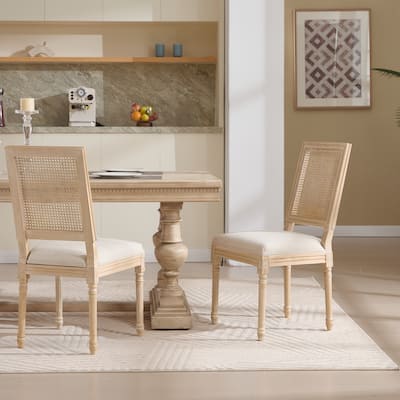 French Country Dining Chairs Set of 2, Upholstered Chairs with Nature Rattan Square Back, Wire drawing and carving techniques