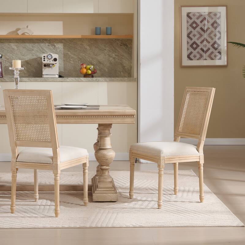 French Country Wire Drawing & Carving Techniques Dining Chairs with Backrest (Set of 2) - Beige-Rattan Square Back