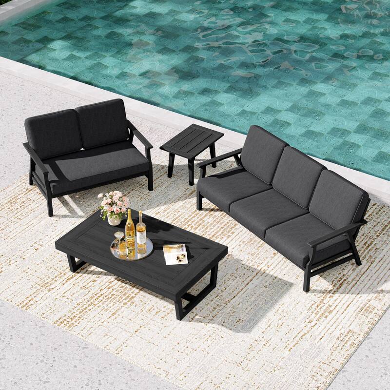 Teak Outdoor Seating Set with Daybed & Tables. - Black Wood - Dark Grey/4-piece