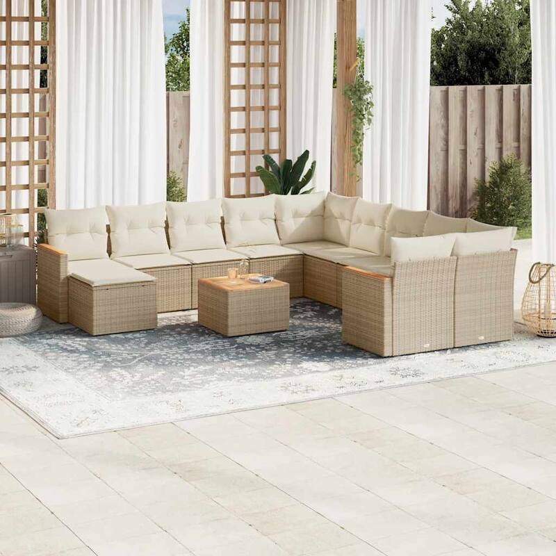 vidaXL Patio Sofa Set with Cushions Outdoor Conversation Furniture Poly Rattan - 24.4 x 24.4 x 27.2 in - Beige with table
