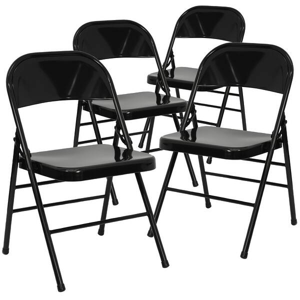 Curved Triple Braced And Quad Hinged Black Fabric Upholstered Metal Folding Chair