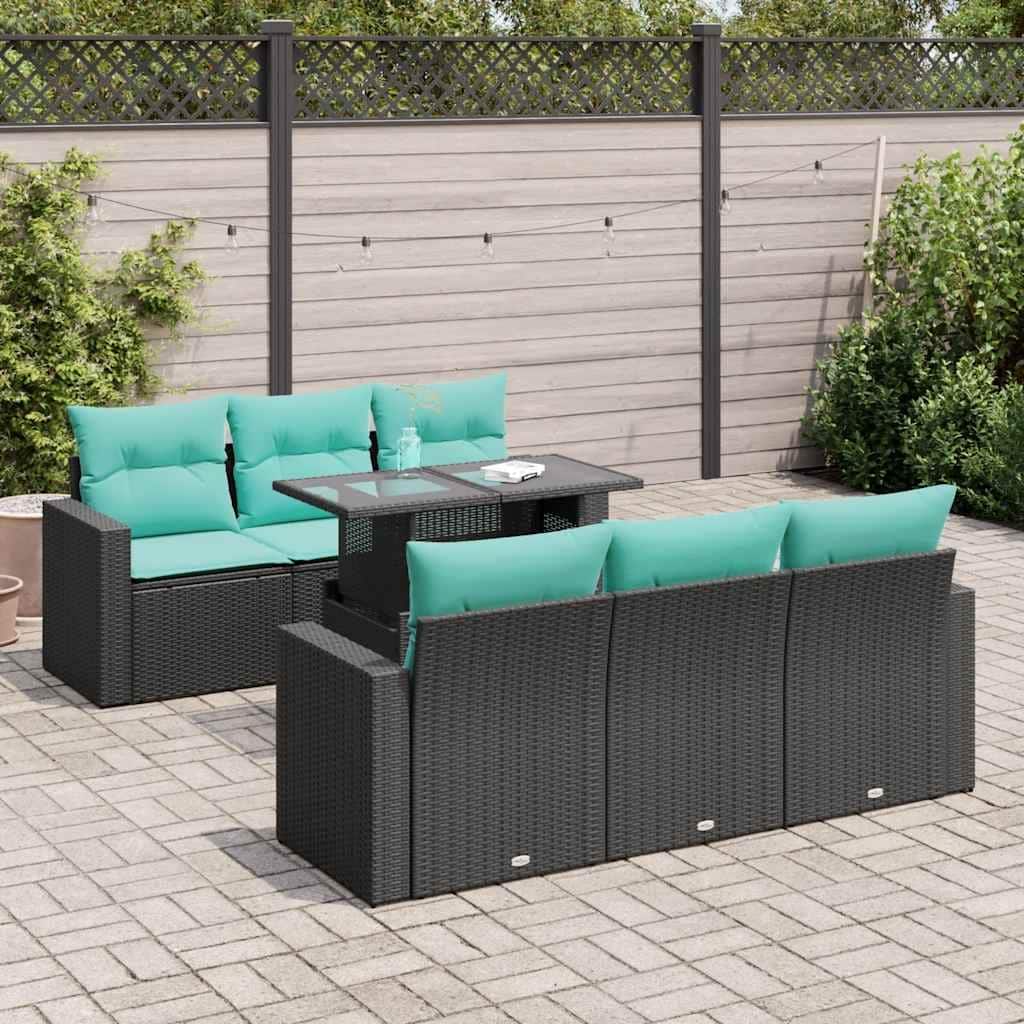 vidaXL 7 Piece Patio Sofa Set with Cushions Black Poly Rattan Acacia - 21.7 x 24.4 x 27.2