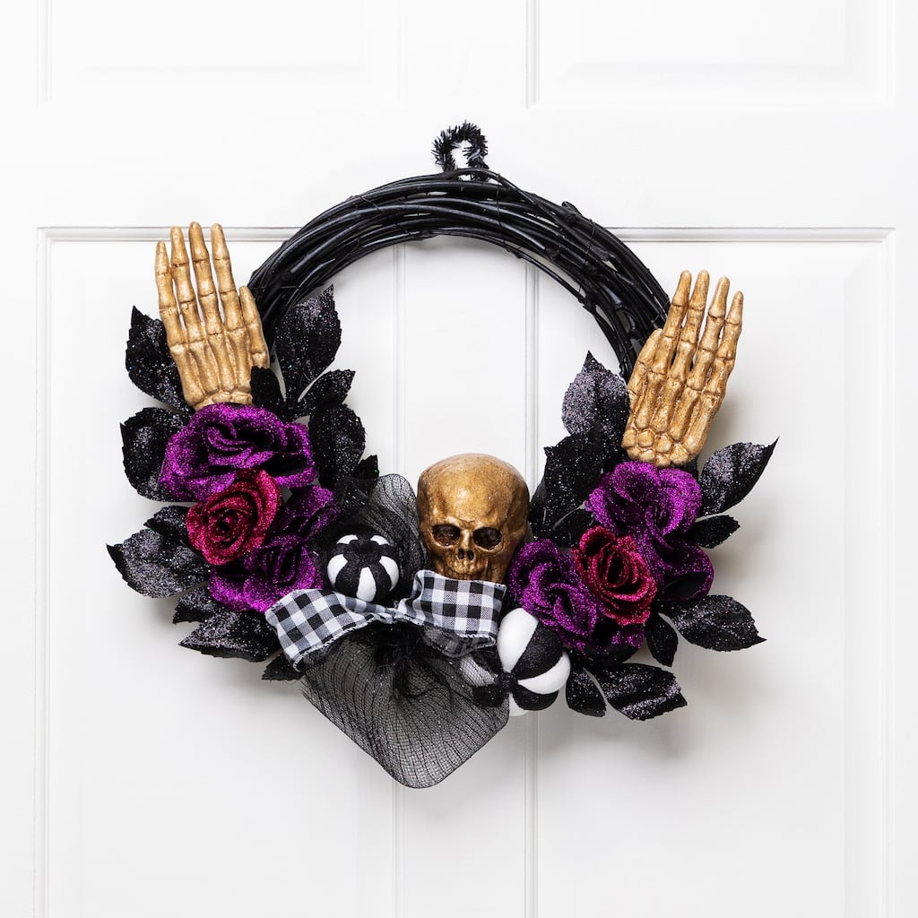 Skull With Hands Purple Roses Halloween Twig Wreath, 22-Inch, Unlit