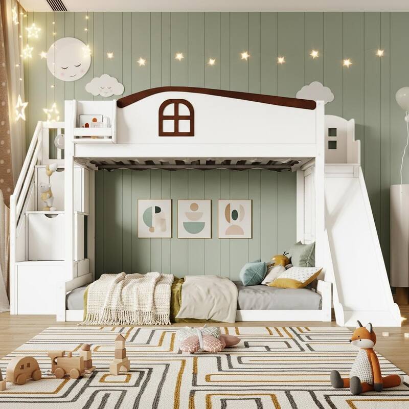 Playhouse-Inspired Twin over Full Bunk Bed with Slide, Storage Staircase & Wardrobe by Harper&Bright Designs